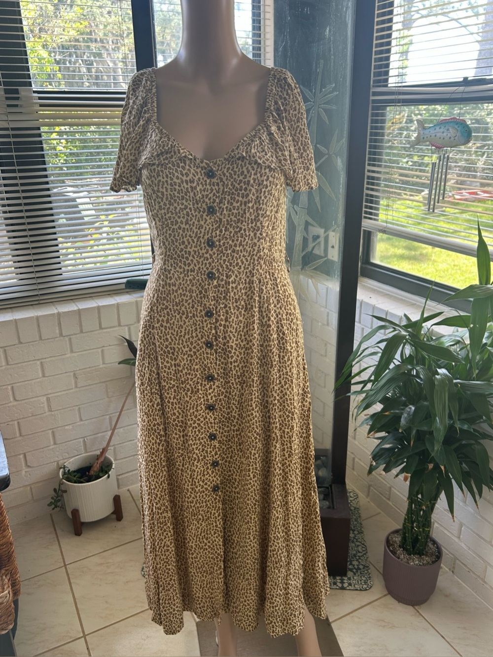 Anthropologie Tan Leopard-Print Button-Front Midi Dress